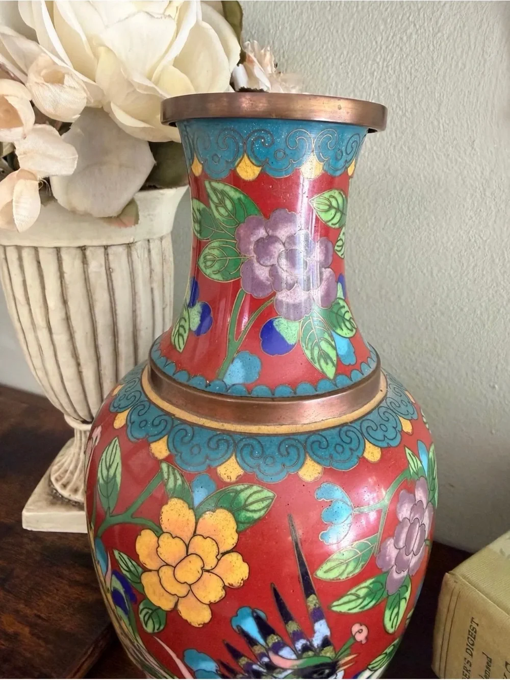 Red Floral Cloisonné Accent Vase - Decorative Home Accent